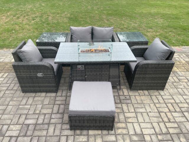 Fimous Rattan Garden Furniture Set Outdoor Patio Gas Fire Pit Dining Table & Chairs with 2 Side Tables in Dark Grey - image 1
