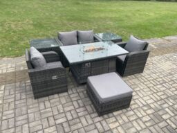 Fimous Rattan Garden Furniture Set Outdoor Patio Gas Fire Pit Dining Table & Chairs with 2 Side Tables in Dark Grey - thumbnail 3