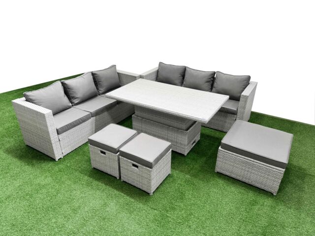 Fimous 6 PCs Rising Dining Table Set Rattan Furniture Set with 3 Seater Sofa in Light Grey - image 1
