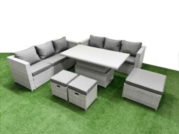 Fimous 6 PCs Rising Dining Table Set Rattan Furniture Set with 3 Seater Sofa in Light Grey - thumbnail 2