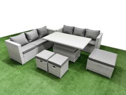 Fimous 6 PCs Rising Dining Table Set Rattan Furniture Set with 3 Seater Sofa in Light Grey - thumbnail 1