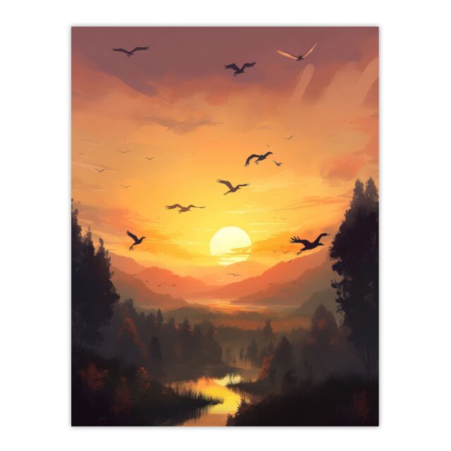 Artery8 Wall Art Print Flock of Cranes Flying Against a Golden Sunset Sky Atmospheric Painting Birds Flying over Forest in a Tranquil Mountain River - image 1