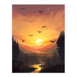 Artery8 Wall Art Print Flock of Cranes Flying Against a Golden Sunset Sky Atmospheric Painting Birds Flying over Forest in a Tranquil Mountain River - thumbnail 1