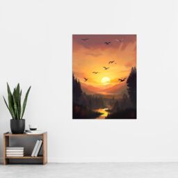 Artery8 Wall Art Print Flock of Cranes Flying Against a Golden Sunset Sky Atmospheric Painting Birds Flying over Forest in a Tranquil Mountain River - thumbnail 4