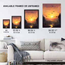 Artery8 Wall Art Print Flock of Cranes Flying Against a Golden Sunset Sky Atmospheric Painting Birds Flying over Forest in a Tranquil Mountain River - thumbnail 3