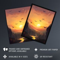 Artery8 Wall Art Print Flock of Cranes Flying Against a Golden Sunset Sky Atmospheric Painting Birds Flying over Forest in a Tranquil Mountain River - thumbnail 2