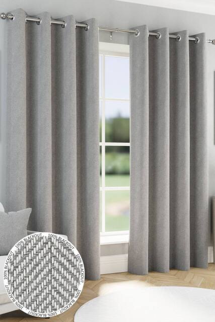 Enhanced Living 'Chester' Grey Herringbone Jacquard Eyelet Blackout Curtains Pair - Size: 117 cm width x 137 cm drop - image 1