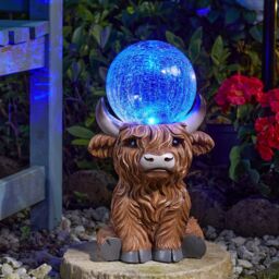 mysmartbuy Solar Powered LED Highland Cow Garden Ornament with Light Up Orb in Brown - thumbnail 3