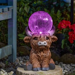 mysmartbuy Solar Powered LED Highland Cow Garden Ornament with Light Up Orb in Brown - thumbnail 2