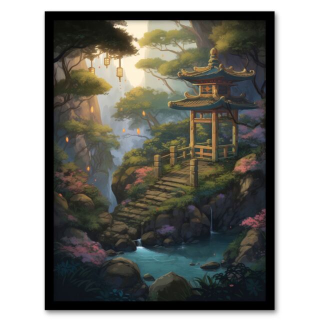 Artery8 Wall Art Print Japan Garden Painting Traditional Tower & Tree Lanterns by Lake Spring Flowers & Bridge Art Framed in Green - Size: A4 - image 1