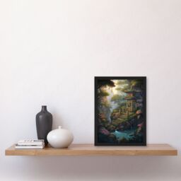 Artery8 Wall Art Print Japan Garden Painting Traditional Tower & Tree Lanterns by Lake Spring Flowers & Bridge Art Framed in Green - Size: A4 - thumbnail 4