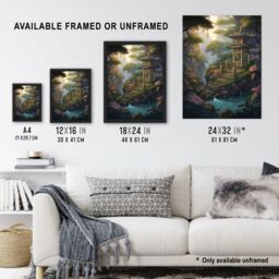 Artery8 Wall Art Print Japan Garden Painting Traditional Tower & Tree Lanterns by Lake Spring Flowers & Bridge Art Framed in Green - Size: A4 - thumbnail 3