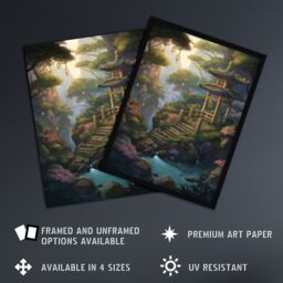 Artery8 Wall Art Print Japan Garden Painting Traditional Tower & Tree Lanterns by Lake Spring Flowers & Bridge Art Framed in Green - Size: A4 - thumbnail 2