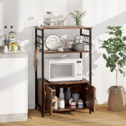 Costway 3-Tier Kitchen Bakers Rack Industrial Microwave Stand w/Cabinet in Brown - thumbnail 4