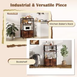 Costway 3-Tier Kitchen Bakers Rack Industrial Microwave Stand w/Cabinet in Brown - thumbnail 5