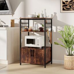 Costway 3-Tier Kitchen Bakers Rack Industrial Microwave Stand w/Cabinet in Brown - thumbnail 3