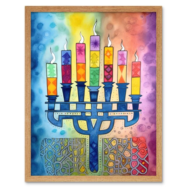 "Artery8 Wall Art Print Jewish Menorah Candles Multicolour Folk Art Watercolour Painting Art Framed in Light Oak - Size: W12"" x H16""" - image 1