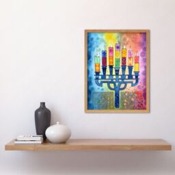 "Artery8 Wall Art Print Jewish Menorah Candles Multicolour Folk Art Watercolour Painting Art Framed in Light Oak - Size: W12"" x H16""" - thumbnail 2