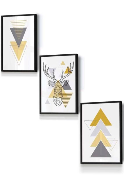 ARTZE Geometric Line Art Yellow Stag Head Triangles Framed Wall Art - Small in Black - Size: W33 cm x H45 cm x D20mm - image 1