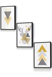 ARTZE Geometric Line Art Yellow Stag Head Triangles Framed Wall Art - Small in Black - Size: W33 cm x H45 cm x D20mm