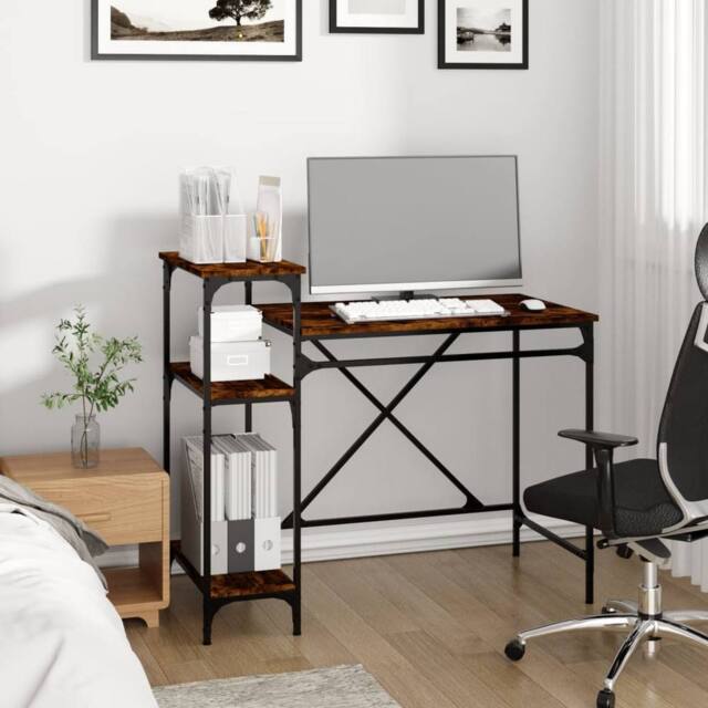 Berkfield Home Charming Desk with Shelves Smoked Oak 105x50x90 cm Engineered Woo in Brown - Size: 105 x 50 x 90 cm - image 1