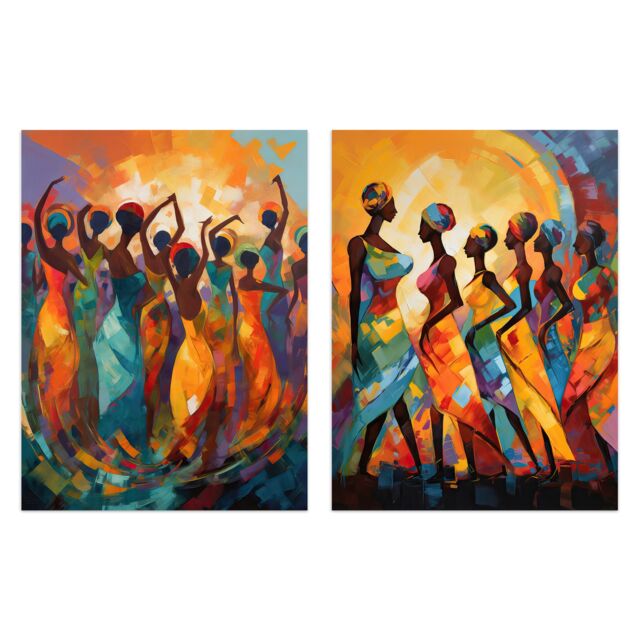 Artery8 Wall Art Print Set of 2 s Modern African Dance Bright Vibrant Colourful Sun Beams 2 Pack Poster Living Room s - Size: A4 - image 1
