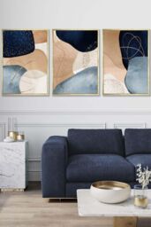 ARTZE Abstract Blue, Beige, Gold Shapes Framed Wall Art - Large in Metallic Gold - Size: W53 cm x H73 cm x D20mm