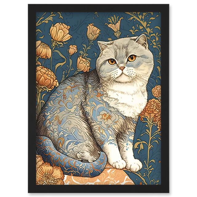 Artery8 Cute Cat with Floral Pattern Fur & Autumn Flower Blooms Art Nouveau Modern Illustration Artwork Framed Wall Art Print A4 in Black - image 1