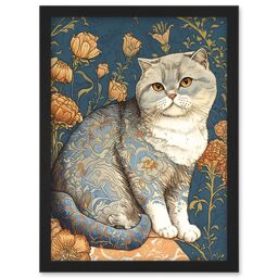 Artery8 Cute Cat with Floral Pattern Fur & Autumn Flower Blooms Art Nouveau Modern Illustration Artwork Framed Wall Art Print A4 in Black - thumbnail 1