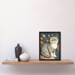 Artery8 Cute Cat with Floral Pattern Fur & Autumn Flower Blooms Art Nouveau Modern Illustration Artwork Framed Wall Art Print A4 in Black - thumbnail 2