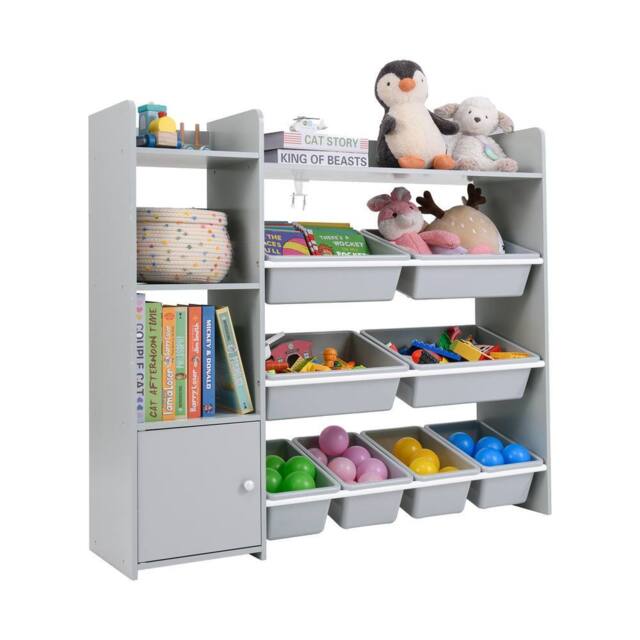Gymax Kids Bookcase Toy Chest With 8 Boxes & 2 Open Shelves Playroom Storage in Grey - image 1