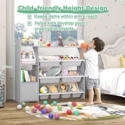 Gymax Kids Bookcase Toy Chest With 8 Boxes & 2 Open Shelves Playroom Storage in Grey - thumbnail 3