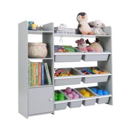 Gymax Kids Bookcase Toy Chest With 8 Boxes & 2 Open Shelves Playroom Storage in Grey - thumbnail 1