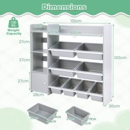 Gymax Kids Bookcase Toy Chest With 8 Boxes & 2 Open Shelves Playroom Storage in Grey - thumbnail 2