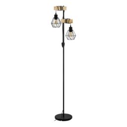 Eglo Townshend 5 Black/Natural Metal & Wood 2-Light Floor Lamp - Industrial Style (D) 25cm in Black - thumbnail 2