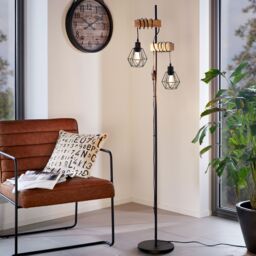 Eglo Townshend 5 Black/Natural Metal & Wood 2-Light Floor Lamp - Industrial Style (D) 25cm in Black - thumbnail 1