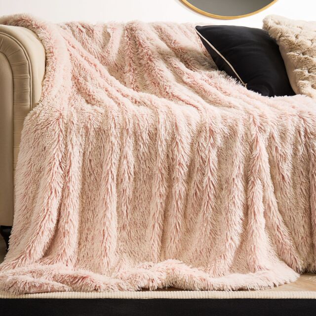 OHS Marl Fluffy Fleece Throw Super Soft Decorative Blanket in Baby Pink - Size: 125 cm x 150 cm