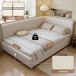 ModernLuxe Upholstered kids bed with L-shaped headboard in Beige - Size: Single - thumbnail 6