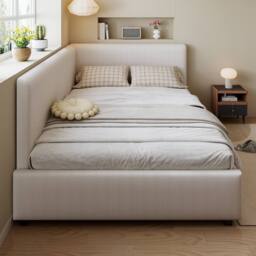 ModernLuxe Upholstered kids bed with L-shaped headboard in Beige - Size: Single