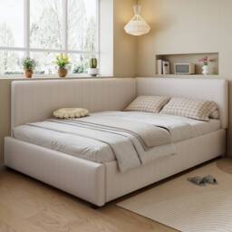 ModernLuxe Upholstered kids bed with L-shaped headboard in Beige - Size: Single - thumbnail 3