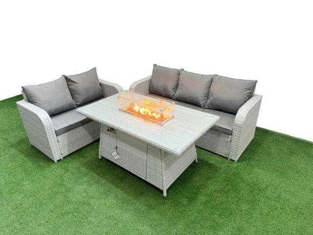 Fimous 5 Seater PE Rattan Wicker Garden Furniture Patio Conservatory Sofa Set with Firepit Dining Table 3 Seater Sofa Love Sofa in Light Grey - image 1