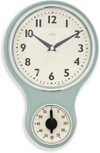 Acctim Kitchen Time Wall Clock Timer Quartz Retro Style Domed Glass Lens 20cm in Green - image 1