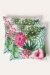 Homescapes Luxury Waterproof Botanical Flower Outdoor Cushion 45 x 45 cm, Set of 2 in Green - Size: 45 cm x 45 cm