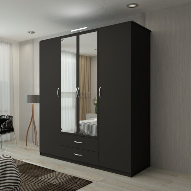 Sliding Wardrobes 4U Modern Mirror Wardrobe with Top LED Lighting W180cm in Black - image 1