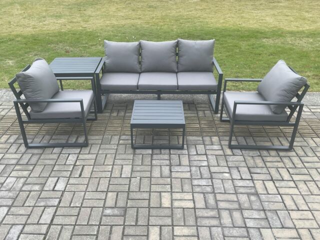 Fimous Aluminium Outdoor Garden Furniture Set Lounge Sofa 2 PC Chairs Square Coffee Table Sets with Side Table Dark Grey - image 1