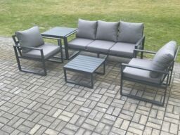 Fimous Aluminium Outdoor Garden Furniture Set Lounge Sofa 2 PC Chairs Square Coffee Table Sets with Side Table Dark Grey - thumbnail 2