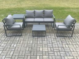 Fimous Aluminium Outdoor Garden Furniture Set Lounge Sofa 2 PC Chairs Square Coffee Table Sets with Side Table Dark Grey - thumbnail 1