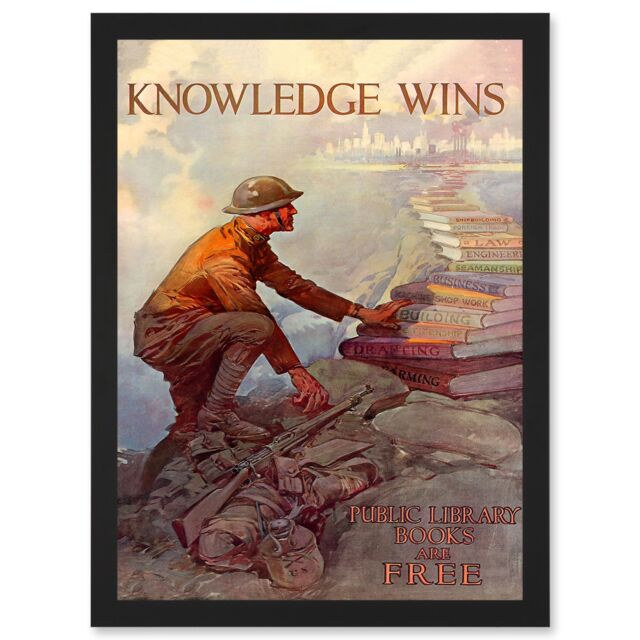 Artery8 Advert Military War World Knowledge Wins Books American Library Artwork Framed Wall Art Print A4 in Black - image 1