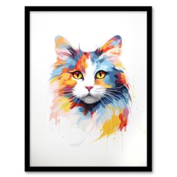 "Artery8 Wall Art Print Calico Cat Lover Gift Pet Portrait Orange Blue Artwork Painting Art Framed - Size: W12"" x H16""" - thumbnail 1