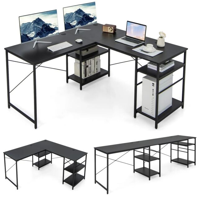 Costway L-Shaped Corner Computer Desk Study Writing Desk Home Office Workstation with Storage Shelf in Black - image 1